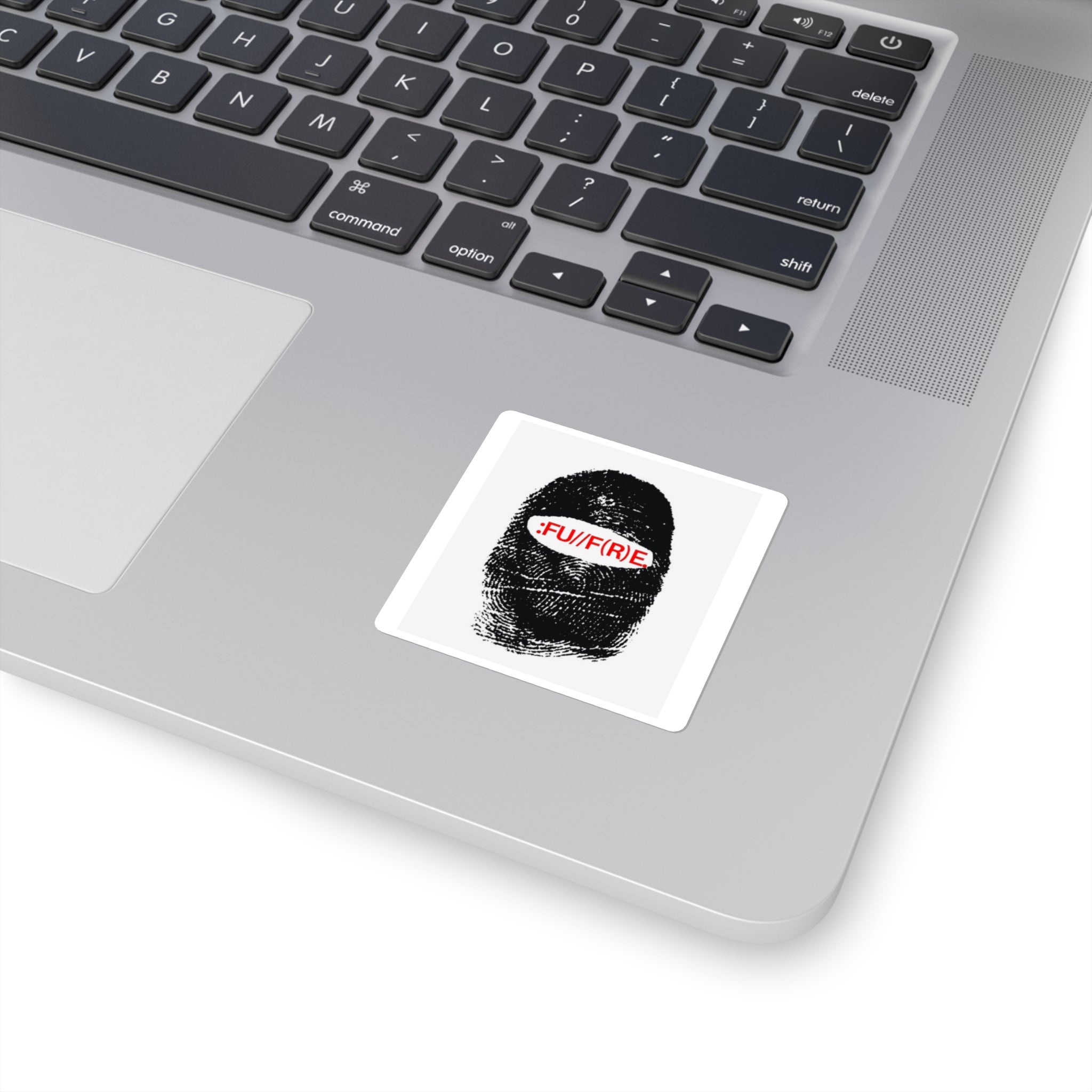 Square Sticker — Bold Fingerprint Design with ‘FU//F(R)E’ Red Text